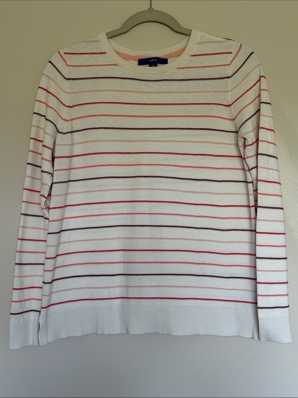 White Crewneck Sweater with Red, Pink and Burgandy Stripes